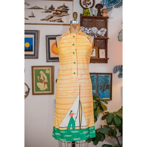 Vintage Dresses & Skirts - Vintage 60s Sailor Novelty Dress, Yellow Striped Sundress Sailboat Seagulls XS